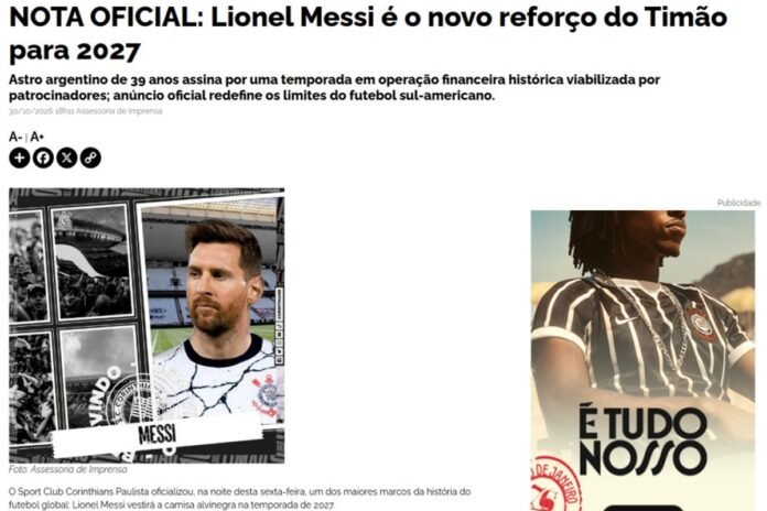 Corinthians tira site do ar após invasão com falsa contratação de Messi